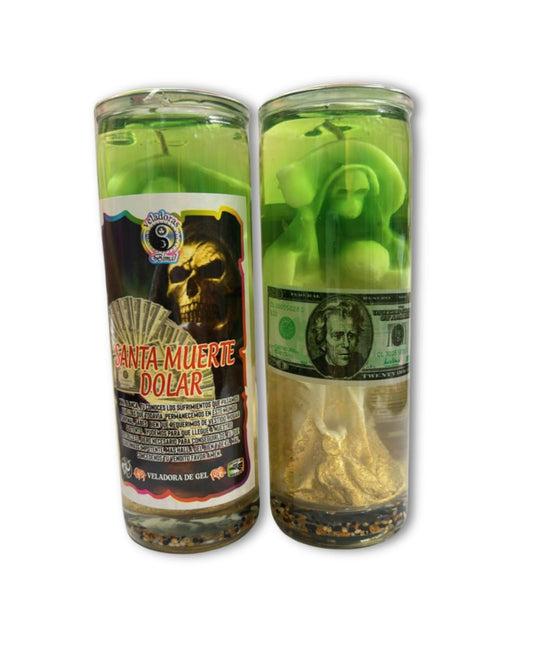 Santa Muerte Dollar Gel Candle for Abundance & Protection