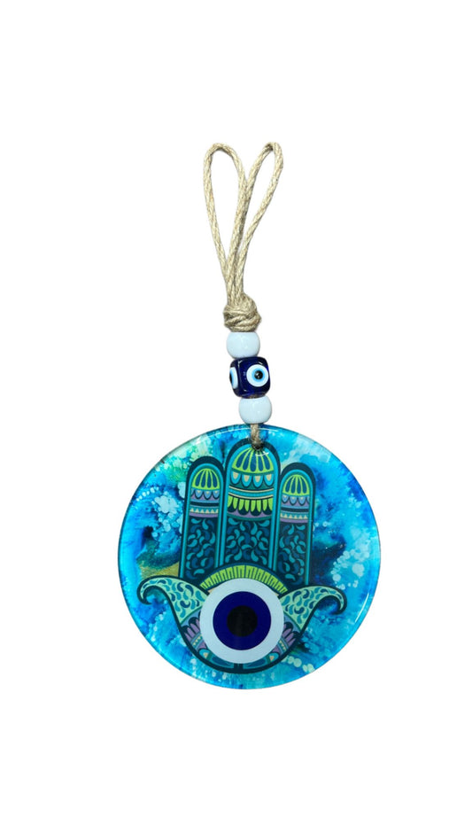 Glass Hamsa Evil Eye Circle – Protection & Positive Energy Amulet