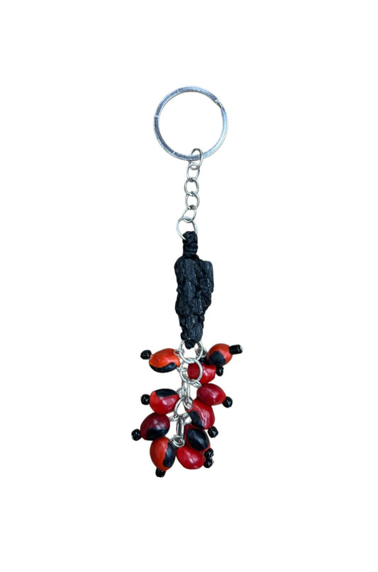 Black Tourmaline with Huayruro Keychain – Protection & Good Fortune Amulet