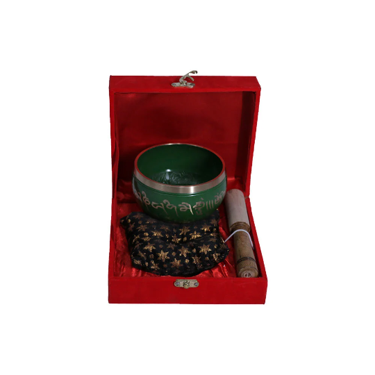 Carved Tibetan Bowl (Red & Green) – Sacred Sound Healing & Meditation Tool