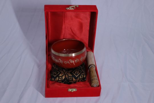 Carved Tibetan Bowl (Red & Green) – Sacred Sound Healing & Meditation Tool