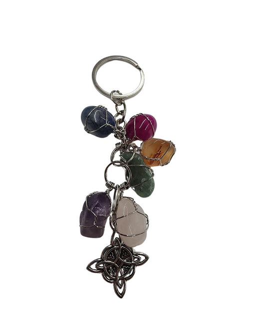 Multicolored Chakra Crystal Keychain with Witch Knot – Healing Gemstones for Energy & Protection