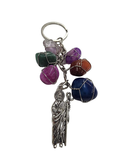 Multicolored Chakra Crystal Keychain with Saint Jude Charm – Healing Gemstones for Protection & Energy
