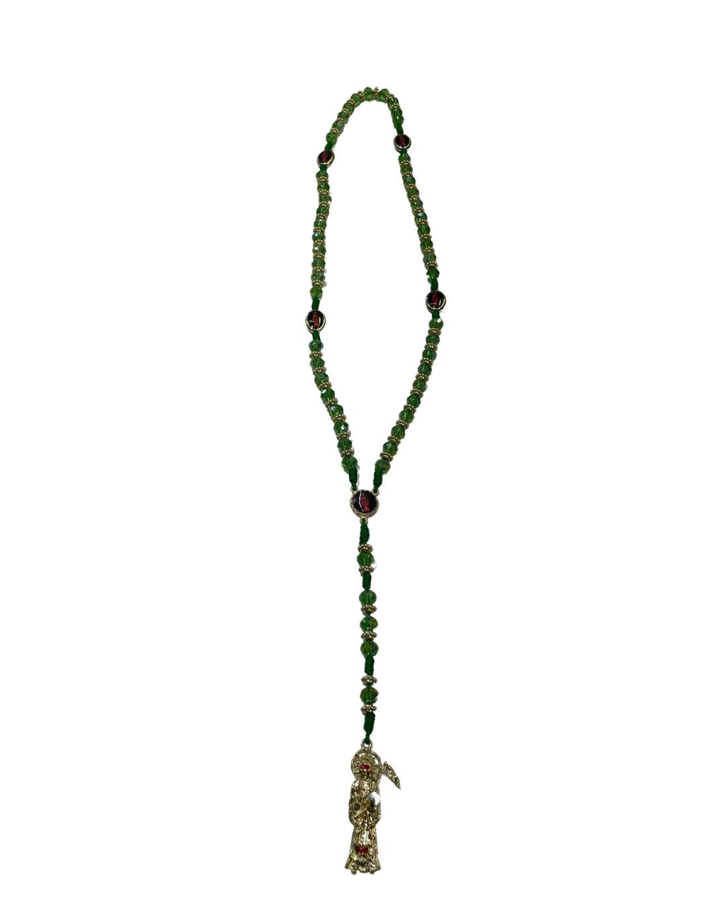Green Santa Muerte Rosary with Gold Charm – Justice, Wealth & Spiritual Protection