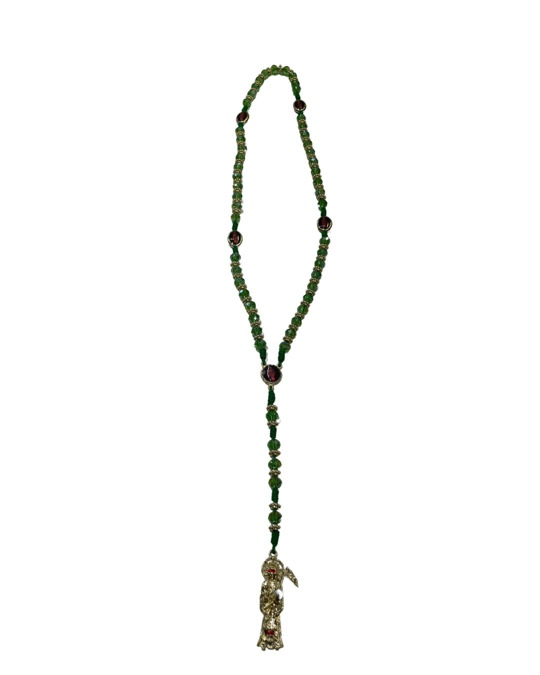 Green Santa Muerte Rosary with Gold Charm – Justice, Wealth & Spiritual Protection