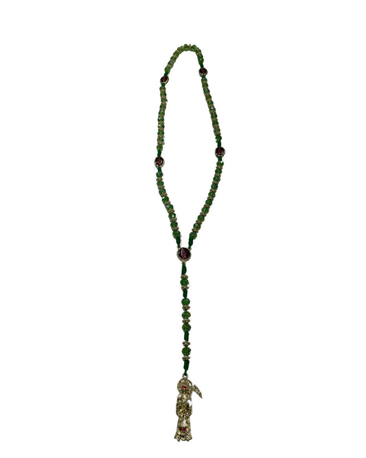 Green Santa Muerte Rosary with Gold Charm – Justice, Wealth & Spiritual Protection