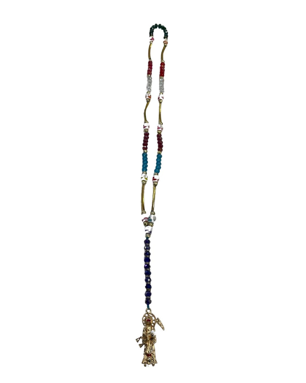 Santa Muerte Multicolor Rosary with Golden Pendant– Protection, Abundance & Devotion