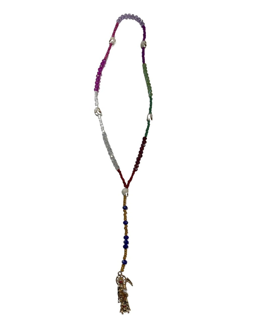 Santa Muerte Multicolor Rosary with Golden Pendant– Protection, Abundance & Devotion