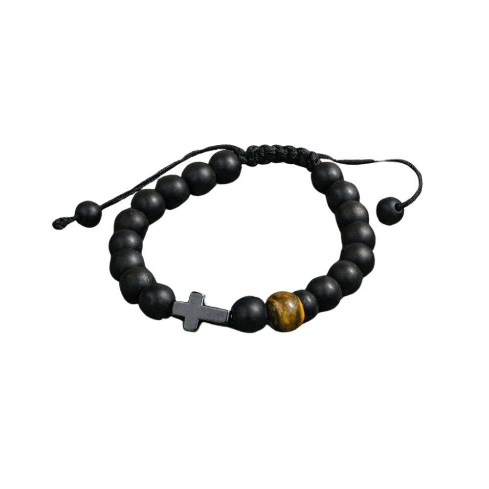 Men’s Cross Bracelet – Tiger Eye & Black Matte Agate Protection Bracelet for Son, Dad, Husband Gift