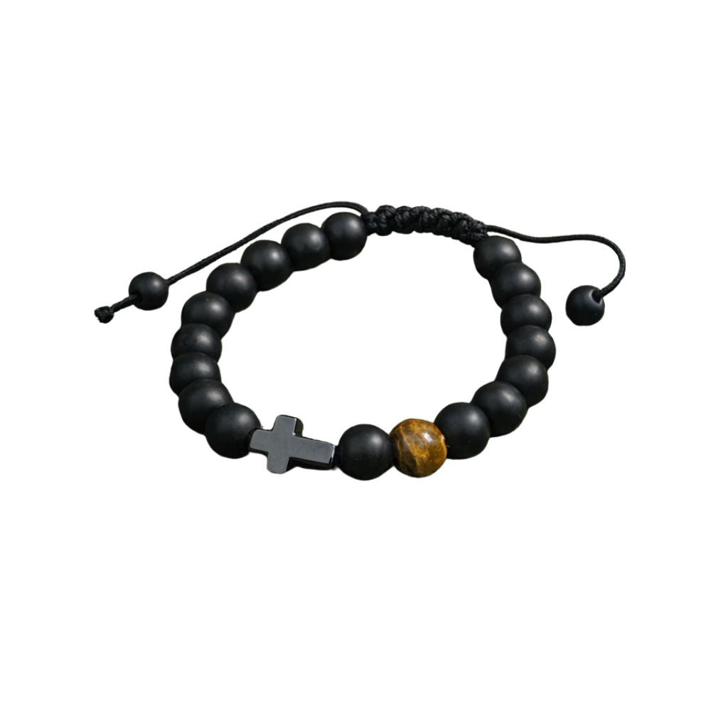 Men’s Cross Bracelet – Tiger Eye & Black Matte Agate Protection Bracelet for Son, Dad, Husband Gift