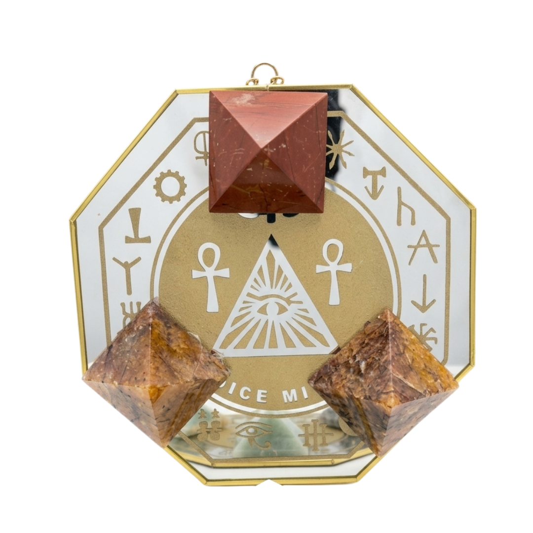 Red Jasper & Tiger’s Eye Triad Crystal Grid Set | Mirror Altar Base