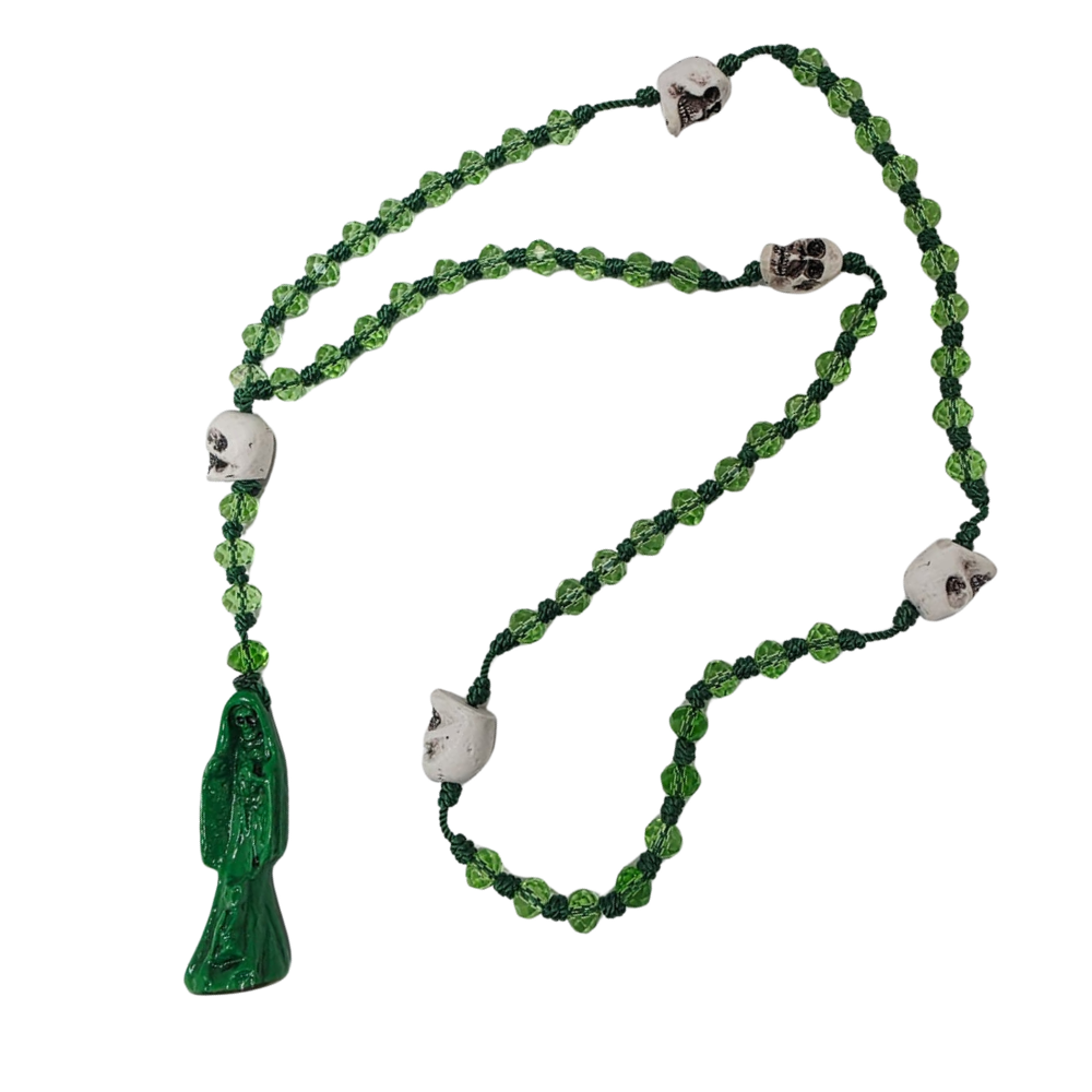 Santa Muerte Green Rosary – Prosperity, Success & Financial Blessings Devotional Necklace