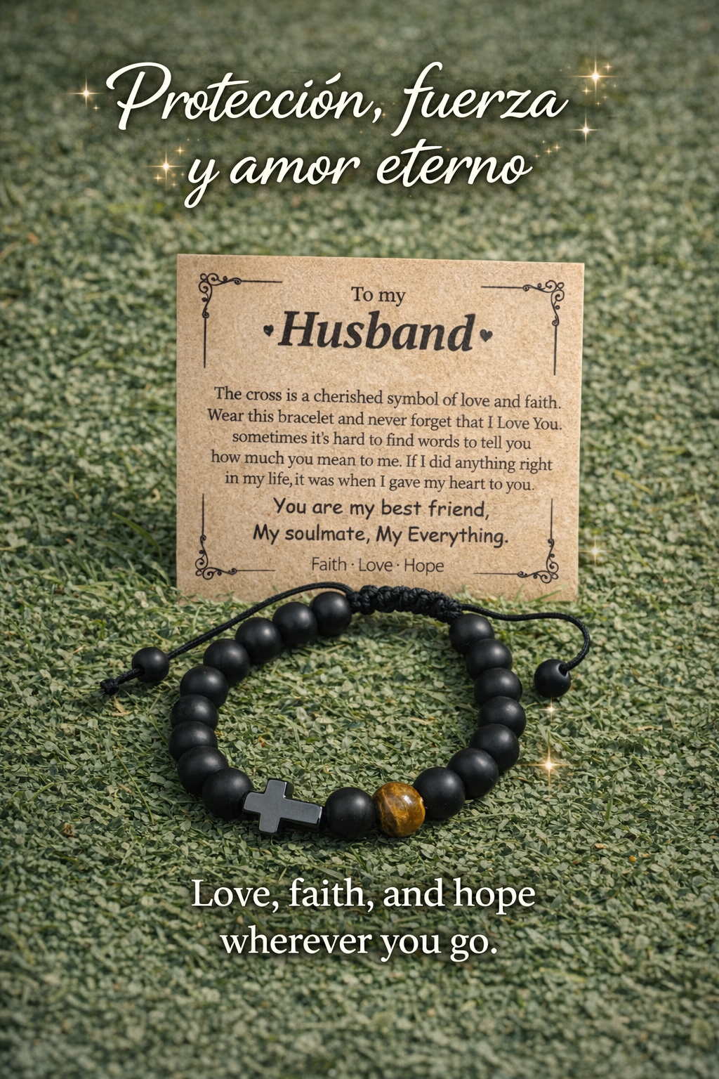 Men’s Cross Bracelet – Tiger Eye & Black Matte Agate Protection Bracelet for Son, Dad, Husband Gift