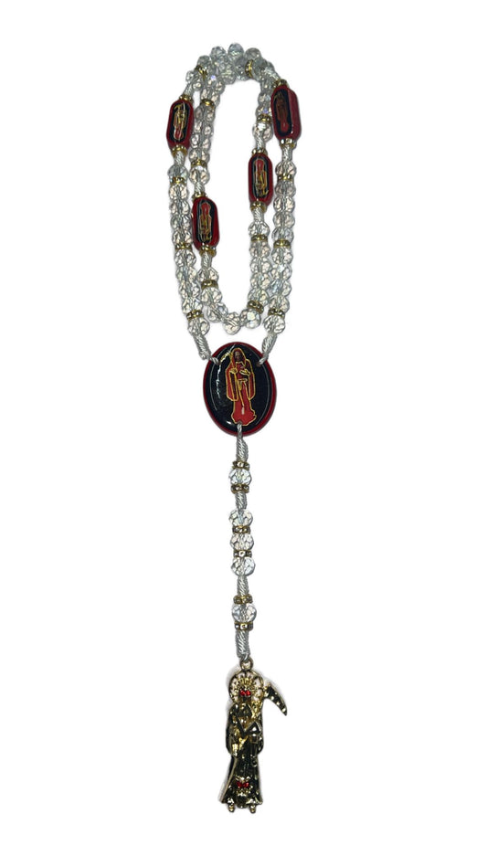 White Holy Death's Necklace, Rosary Style. Collar de la Santa Muerte